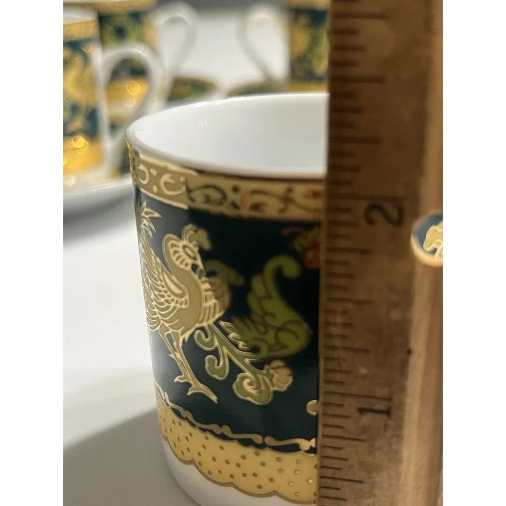 Italy Design Heavy Gold & Green Chicken Rooster Floral Demitasse Cup Saucer 10pc